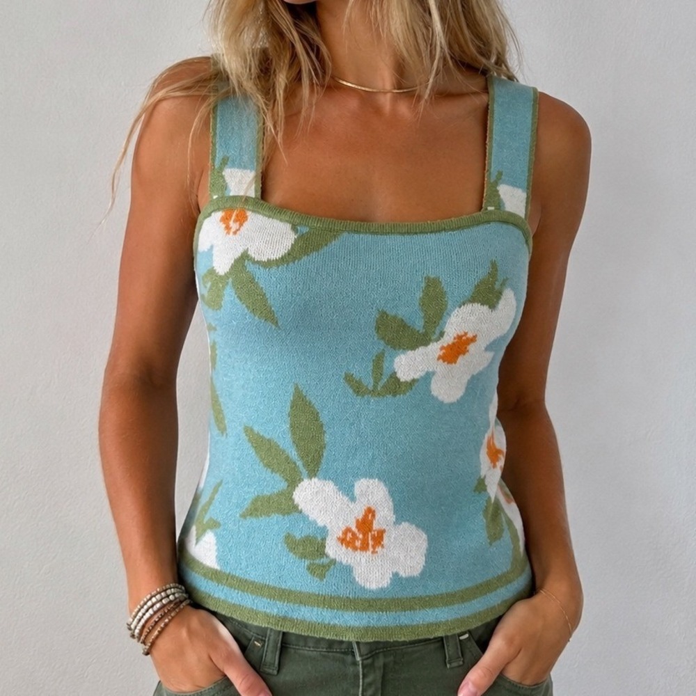 Floral Knit Tank Top Blue Green, Small | Dopamine Whimsy Cottage 70s Daisy